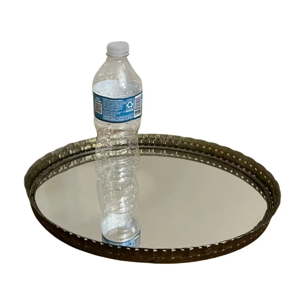 Stylebuilt Oval Mirrored Vanity Tray Gold tone Metal Basket weave Hollywood Reg